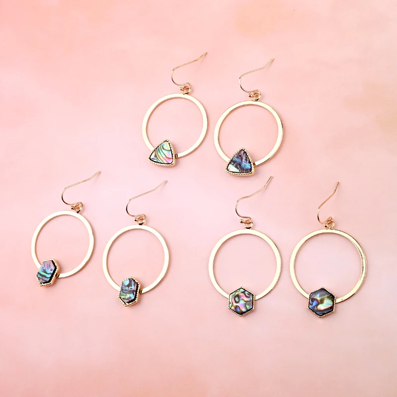 

1Pair European Natural Shell Drop Earrings Women Jewelry Handmade Gold Color Earrings Hollow Round Triangle Earring Jewelry E392