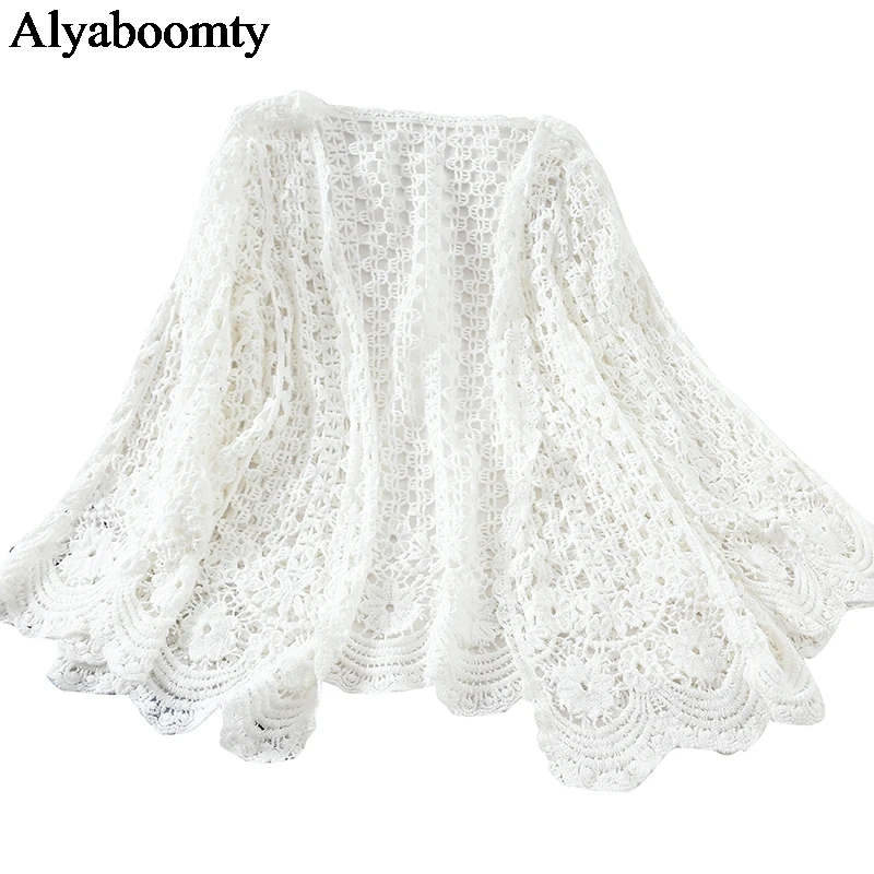 Japanese Mori Girl Spring Summer Women Cardigan White Aprioct Crocheted Hollow Out Sweater Cute Kawaii Floral Knitted Overcoat |