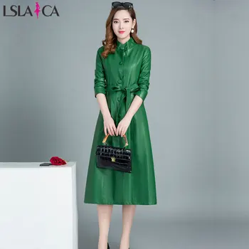 

New women jacket long sleeve solid color stand collar PU leather jacket button bandage slim casual elegant women long coat