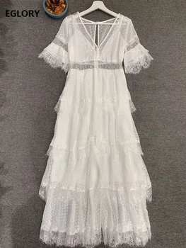 

White Blue Long Dress 2020 Summer Style Women V-Neck Polka Dot Print White Lace Patchwork Flare Sleeve Casual Beach Maxi Dress