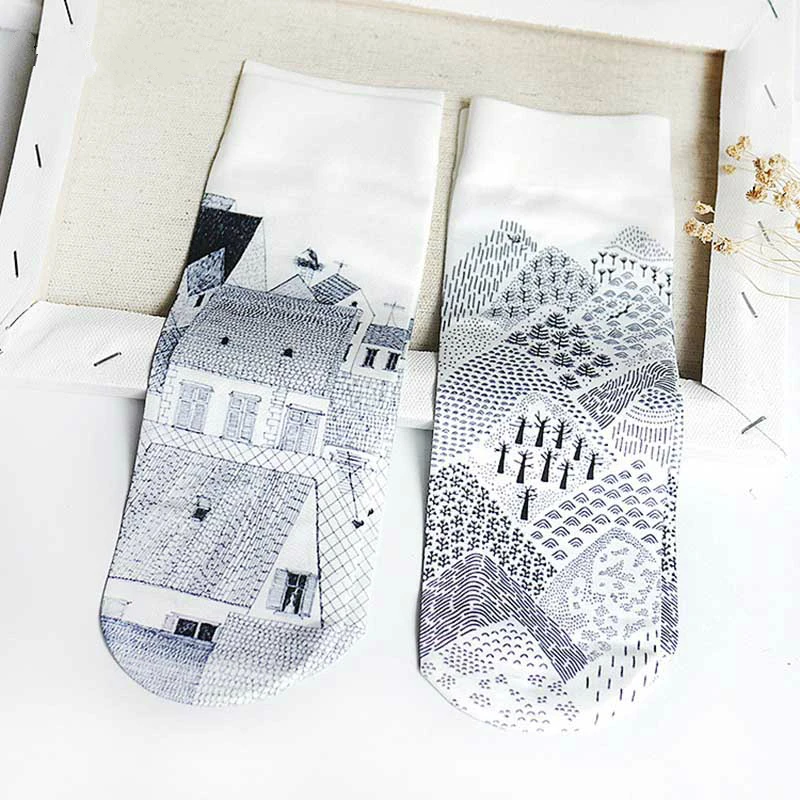 

Art Print House Scenery Harajuku Sock Creative Japanese Ankle Sock Women Skarpetki Calcetines Mujer Meias Feminino womens socks
