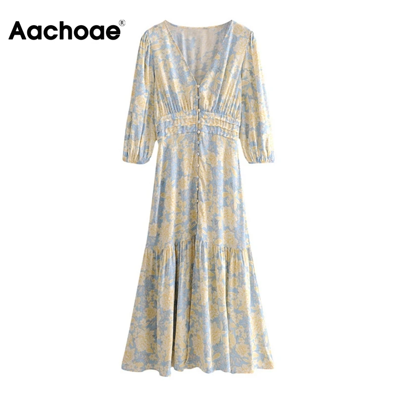 Aachoae Women Floral Print Dress V Neck Lantern Sleeve Vintage Long Dress Female Elastic Waist Holiday Pleated Dress Sundress Aachoae Women Floral Print Dress V Neck Lantern Sleeve Vintage Long Dress Female Elastic Waist Holiday Pleated Dress Sundress