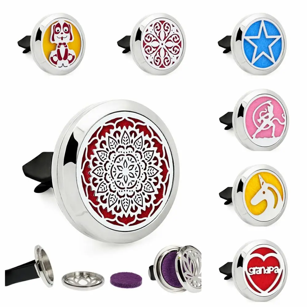 

Mandala Unicorn enamel dog twist screw Essential Oil Car Diffuser Locket Vent Clip 316 L Stainless Steel locket 10Pads randomly