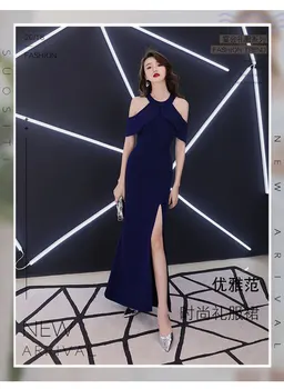 

Ladies fashion simple formal dress blue halter evening&party dress for women in stock