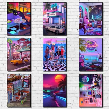 

80s Synthwave Poster Cartoon Whitepaper Poster Art Painting Abstract Fancy Wall Sticker for Coffee House Bar