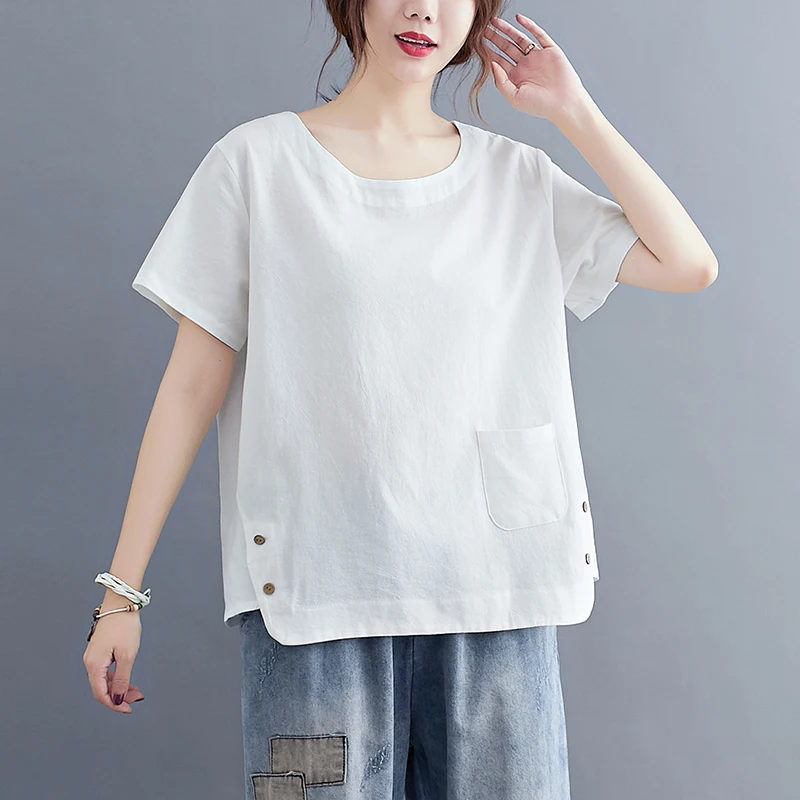 Vintage Pocket Front Plus Size Cotton Linen Top Women Summer Casual Loose Black White Yellow Navy Blouse Shirt Female 3