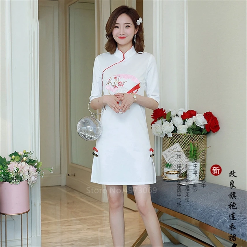Китайское традиционное платье Cheongsam для женщин Девушка Streetweai повседневное винтажное Ретро Вентилятор вышивка модное короткое платье Qipao