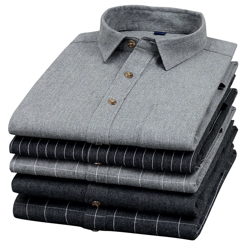 Men Dress Shirt Cotton100% Solid Striped Plaid Chest Pocket Long Sleeve Male Casual Regular-fit Tops Button Down Boutique Shirts | Мужская