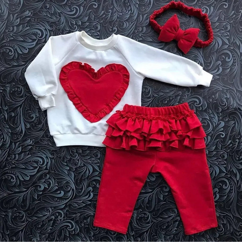Комплект детской одежды, футболка с длинными рукавами и надписью «Love» для маленьких девочек Топы+ штаны с оборками+ повязка на голову, комплект одежды для девочек, M50
