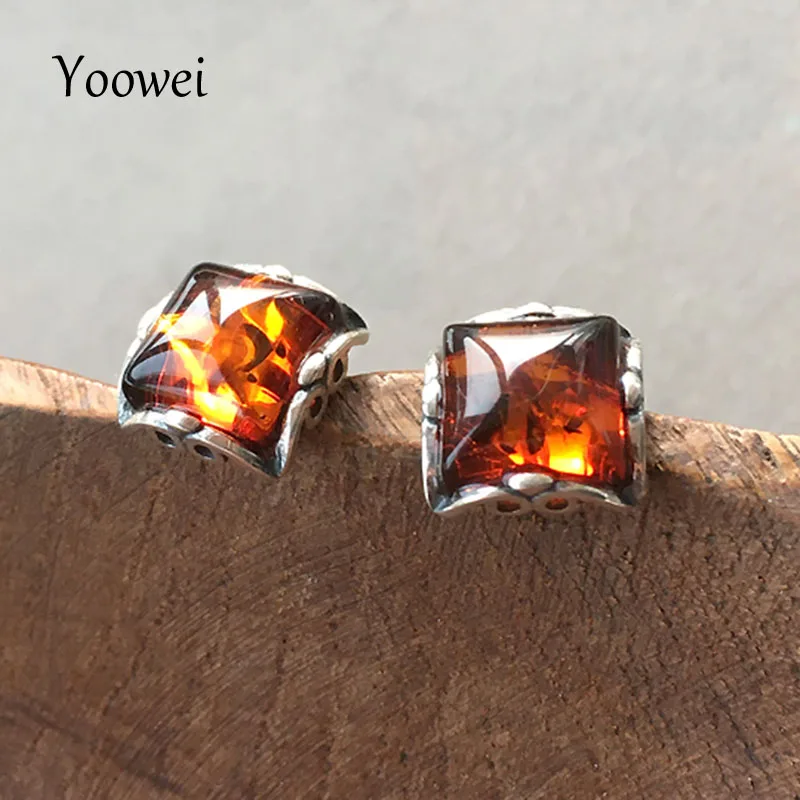 diamond jewellery set Yoowei 9mm Amber Earrings for Women Tiny Square Genuine 2021 New Optionals Natural Cognac Amber Stud Earrings Jewelry Wholesale mens chain necklace