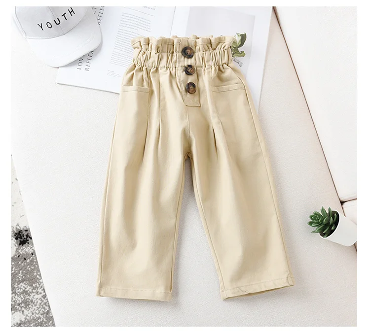 Детские осенние штаны, повседневные брюки для девочек, прямые штаны, штаны с эластичной резинкой на талии для девочек, индивидуальная пуговица