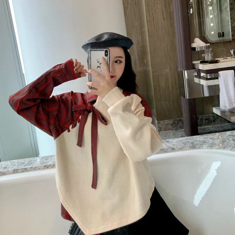 WHITNEY WANG весна осень мода уличная полосатая рубашка Лоскутная Асимметричная Толстовка женские толстовки пуловер
