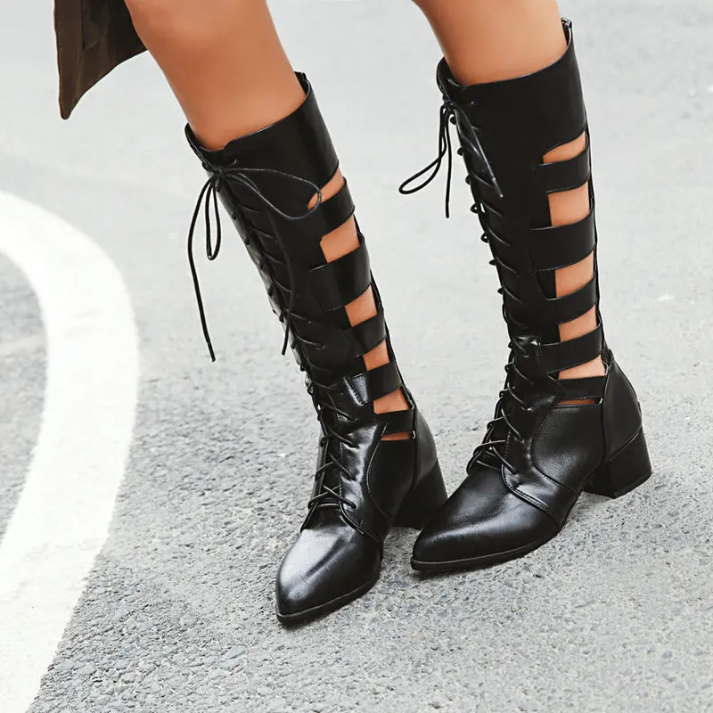 Женские сапоги до середины икры; chaussure boots; сапоги-гладиаторы из искусственной кожи на среднем каблуке; обувь с вырезами на шнуровке; женская обувь; zapatos mujer sapatoH809