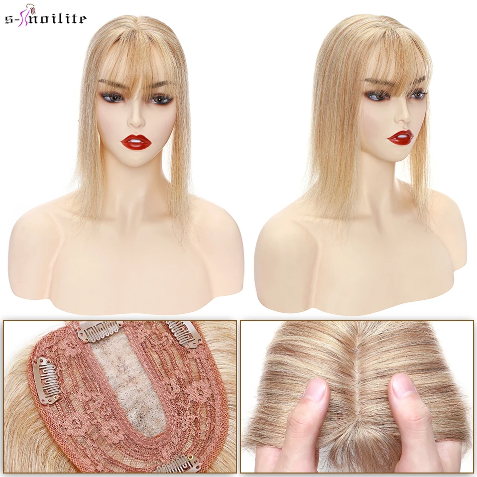 10x12cm pelo Topper 2.5x9cm Base de seda recta pelucas de cabello humano con flequillo Clip en la extensión del pelo negro marrón pelo para las mujeres