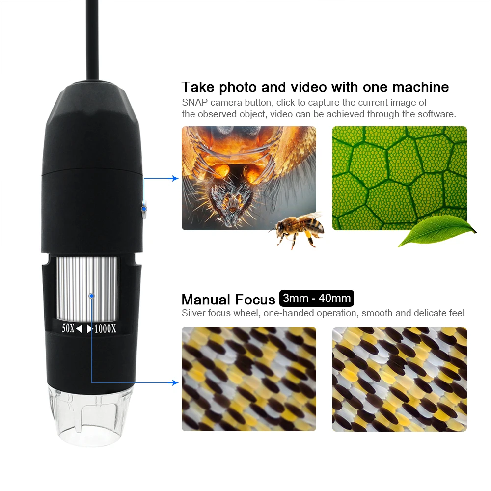 KKMOON Digital Zoom Microscope Magnifier with OTG Function Endoscope 8-LED Light Magnifying Glass 1000X Magnifiier with Stand