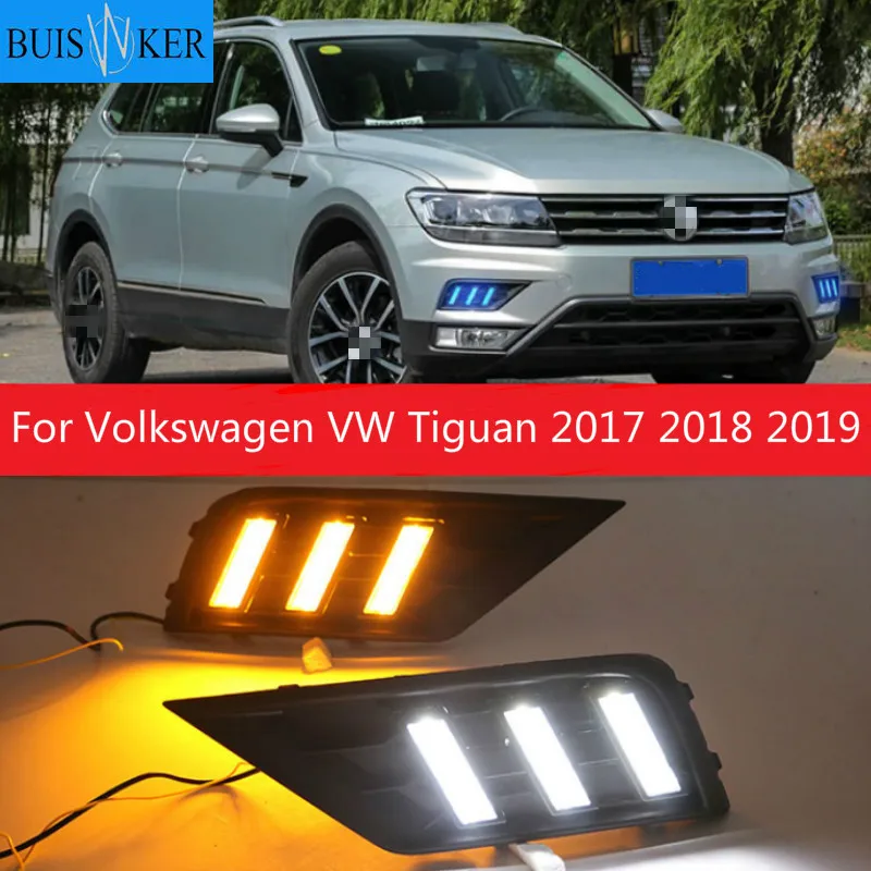 

1 пара автомобисветильник фар для Volkswagen VW Tiguan 2017 2018 2019 DRL дневные ходовые огни с желтым указателем поворота противотуманная фара