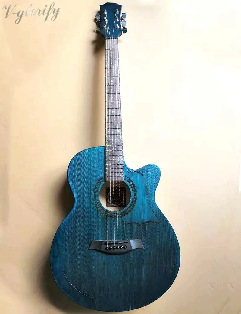 

new design blue color pull silk acoustic electric guitar with microphone EQ