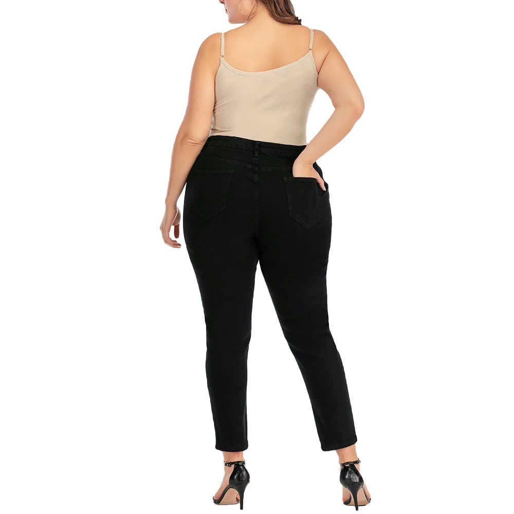 4XL Plus Size Women Jeans Solid Colour Mid Waist Denim Pants Ladies Casual Pockets Ripped Jeans Skinny Female Jeans jeansy D30