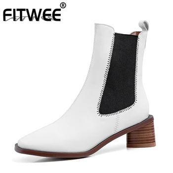 

FITWEE New Woman Ankle Boots Genuine Leather Mixed Color Low Heel Winter Shoes Woman Fashion Simple Ladies Footwear Size 34-40