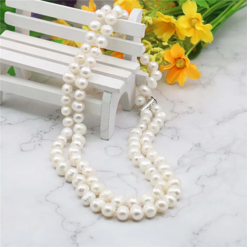2 Rows 8-9mm White Akoya Saltwater Pearl Necklace 17-18inch Beads Hand Made Jewelry Making Natural Stone Wholesale Price