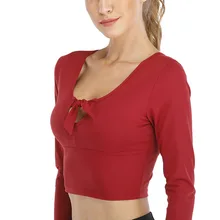 Женские короткие рубашки для йоги с длинным рукавом, сексуальные укороченные топы с бантиком, футболки для бега, спортивные футболки для фитнеса, Спортивная футболка, облегающая одежда для бега