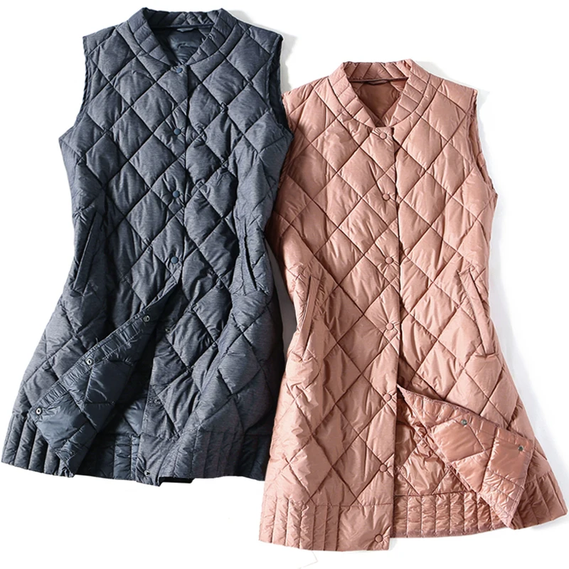 

Autumn Winter Women Sleeveless Long Down Jacket Ultra Light White Duck Down Vest Coat Lady Slim Baseball Waistcoat Outwear S2122