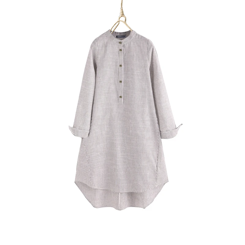 Женские топы Blusas ZANZEA Женская Повседневная хлопковая льняная рубашка женская модная Полосатая туника блузка со стоячим воротником Chemiser Mujer - Цвет: Coffee