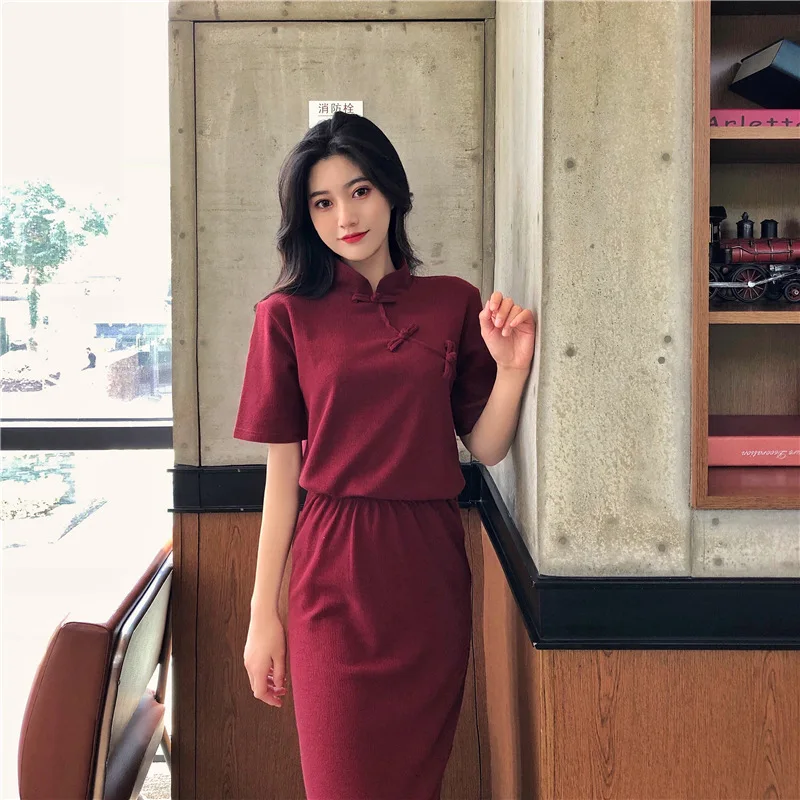 

Photo Shoot 2019 Korean-style Trend of Fashion Summer New Style Frog Stand Collar Short-sleeved Top + Elastic Waist Skirt