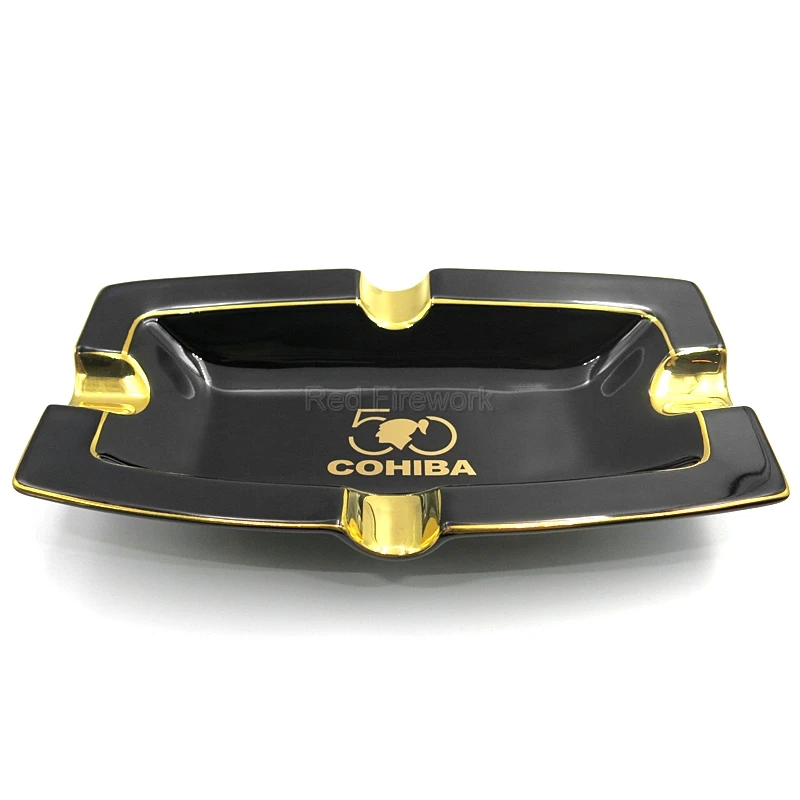 Cohiba 50th Classic anniversary Edition черный и желтый прямоугольник 4 слота фарфоровая пепельница для сигар для дома с подарочной коробкой - Цвет: Черный