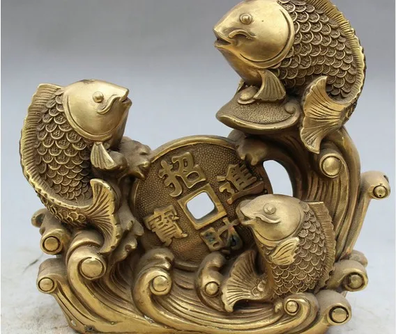 YM 321 9" Folk Chinese Brass Lucky Wealth Coin Auspicious 2 Jump Fish Statue