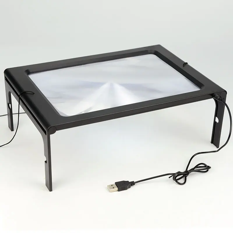 

USB Hanging Desktop 12 LED Magnifier A4 Magnifying Glass Reading Repair Fresnel Lens Loupe 2X