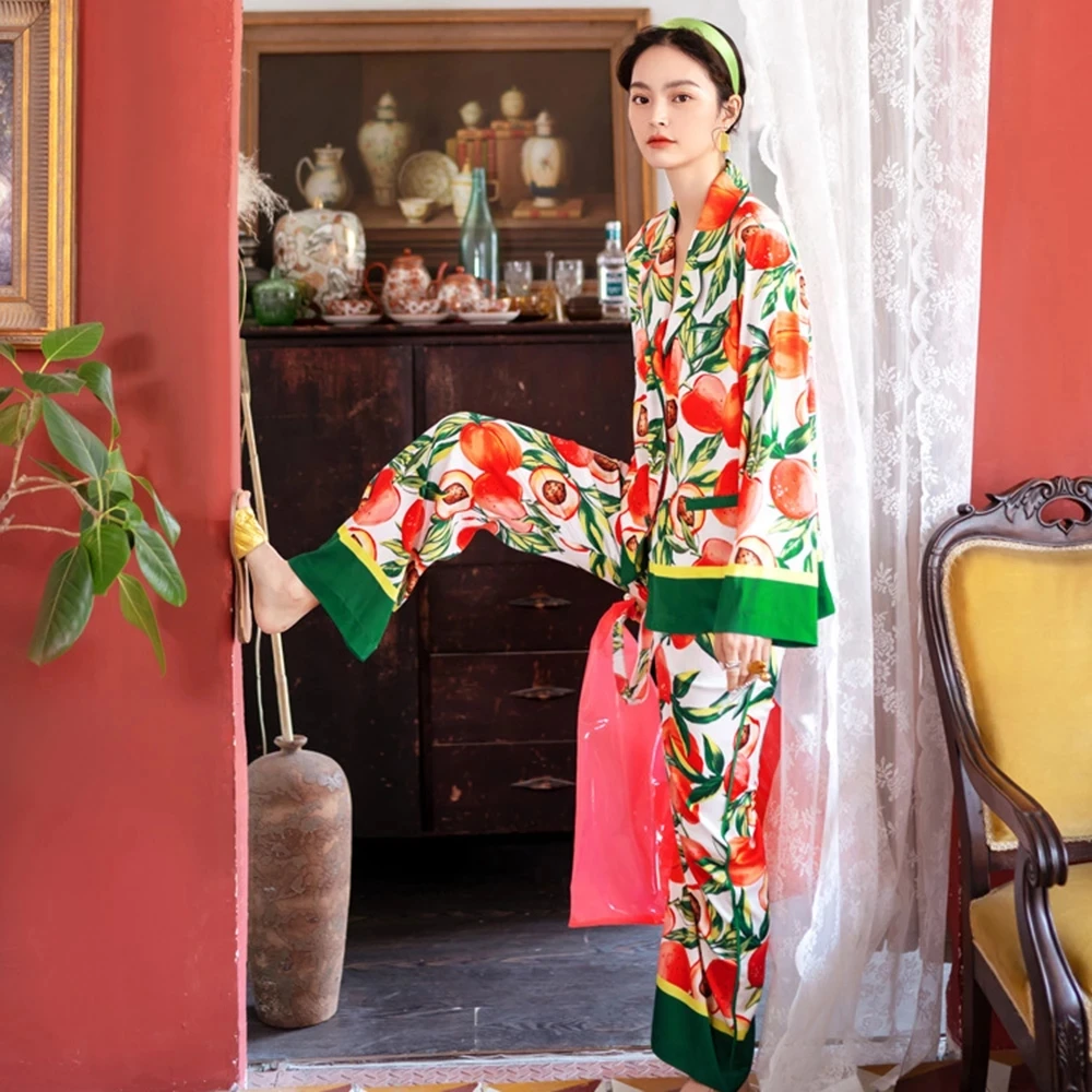 2021 Spring Autumn Turn-down Collar Tropical Printed Silk Satin Pajamas Set Sleepwear Loungewear for Women Pyjama Femme 2 Pieces