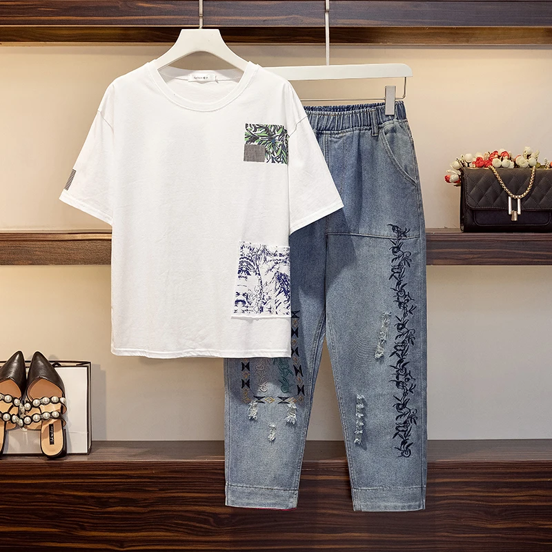 Camiseta de manga corta con bordado 3D de flores para mujer, pantalones vaqueros de trabajo pesado con agujeros y cremallera, traje grande, 2 uds., novedad de verano de 2021