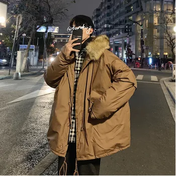 

2019 Winter New Korean Thick Loose Top Jacket Fashion Casual Solid Color Hooded Mid-length Cotton Black / Brown M-XL