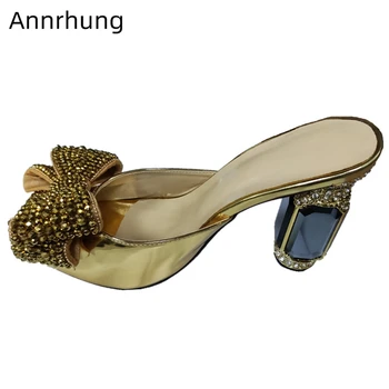 

Jeweled Big Bowknot Party Shoes Woman Crystal Diamond Heel Bright Patent Leather Butterfly-knot Rhinestone Runway Slippers Women