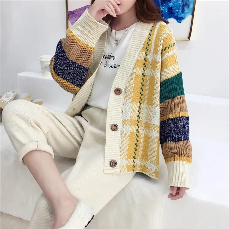 

New Women Korea Acrylic Plaid Computer Knitted Cardigans Casual Female Loose Sweater Coat Button Long Sleeve Knitting Coat