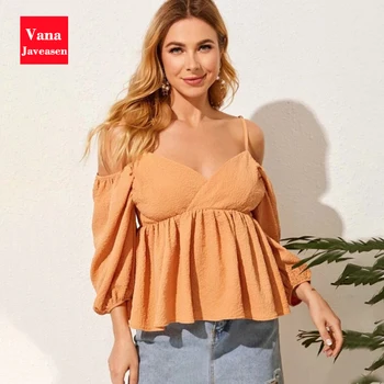 

V-neck Sling Pleated Blouse Women Tops Sexy off-shoulder 3/4 Sleeve Blusas Streetwear Summer T Shirts Ruffled blusas de mujer
