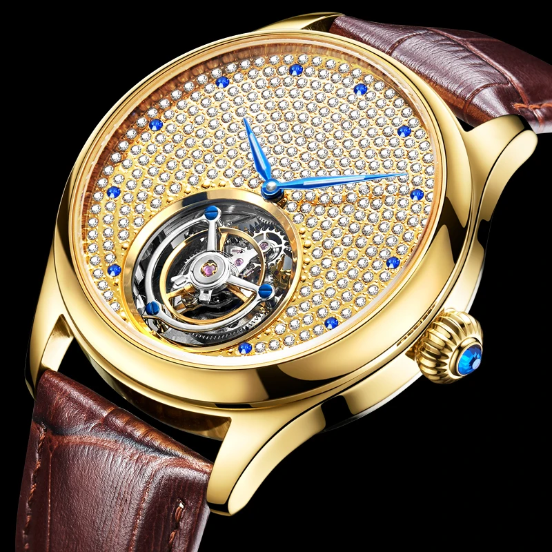 Реальные Tourbillon Механический ручной взвод сапфир Для мужчин s часы Топ бренд, роскошные ювелирные изделия из чистого Стразы Для мужчин из розового золота Relogio Masculino