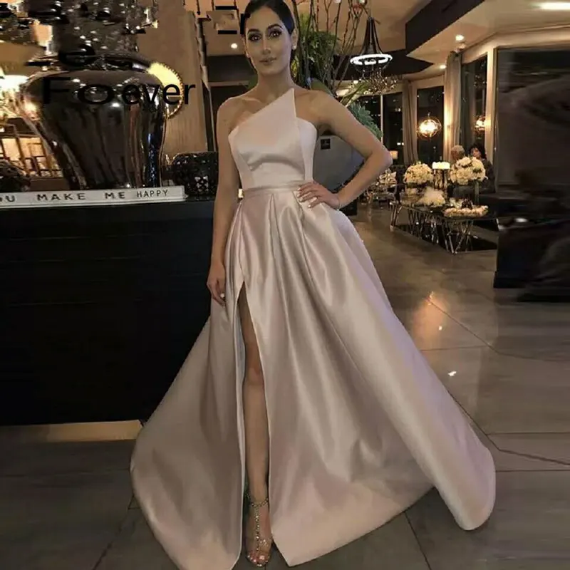 

NBS045 Simple A Line Champagne Evening Dress Charming Sexy Strapless Pleat Front Split Evening Gown Custom Made