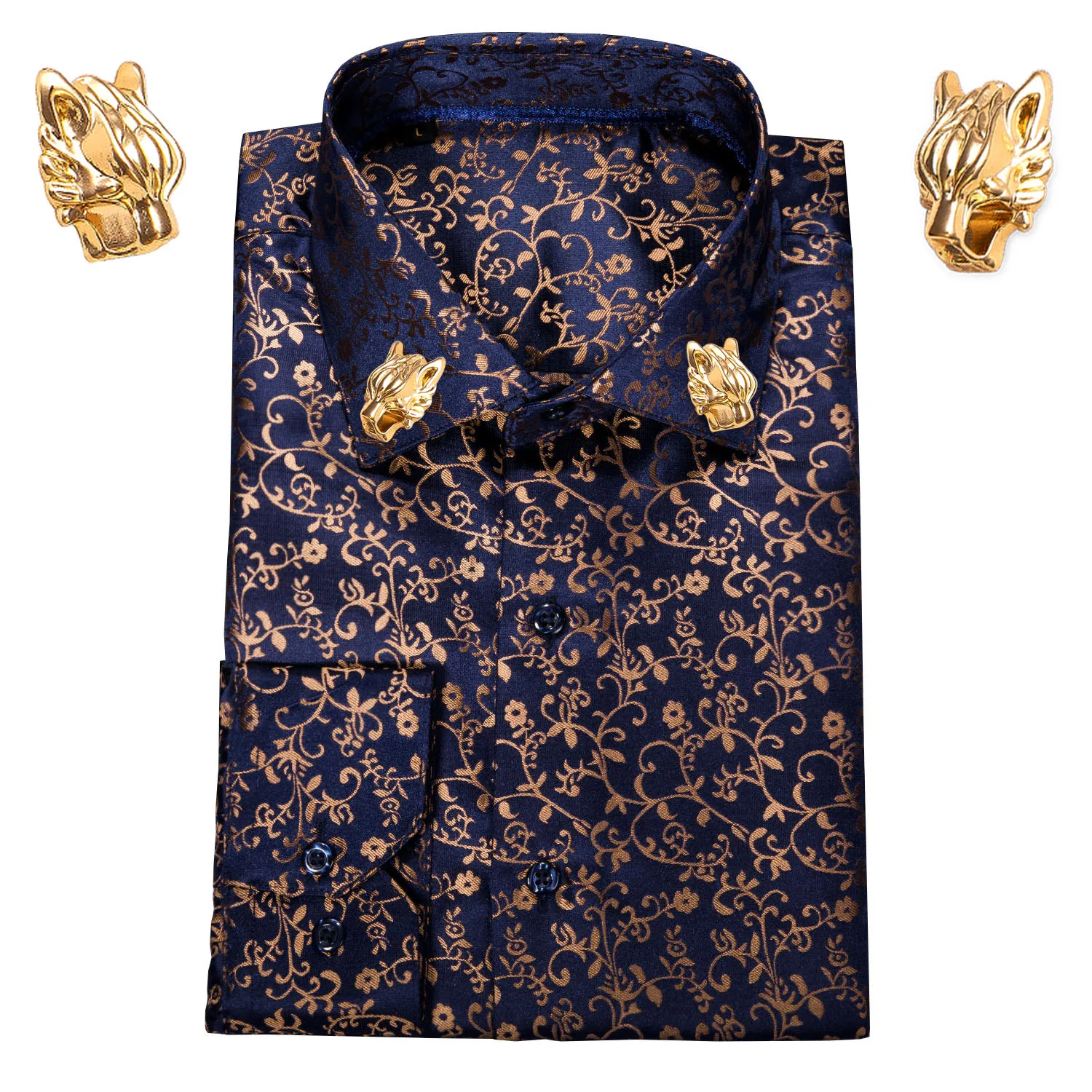 Barry.wang Gold Floral Soft Silk Shirts Men Long Sleeve Casual Flower