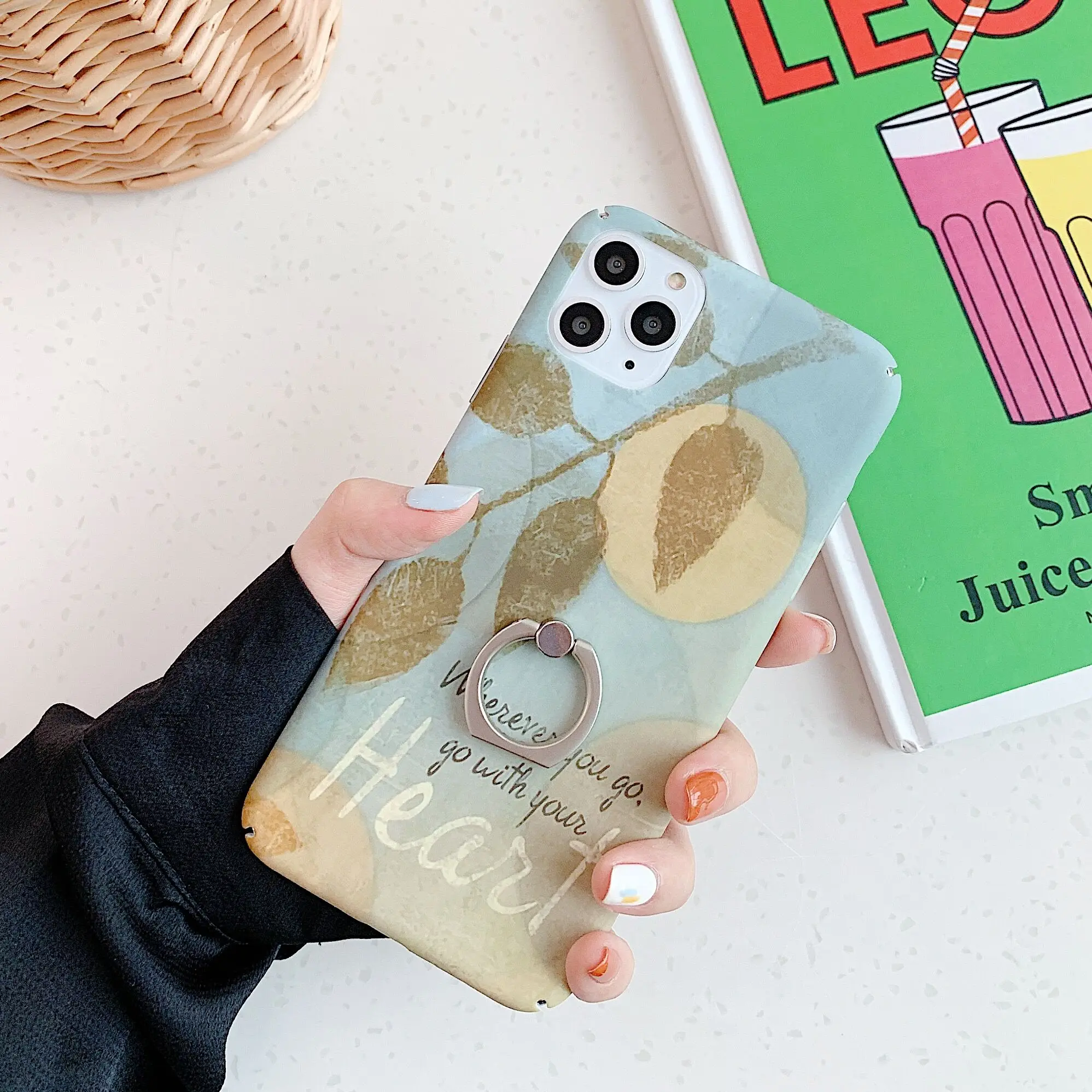 Finger Ring Holder Leaves Phone Case For iphone X XR XS 11 Pro Max Case Hard Shell For iphone 8 7 6 6S Plus Case Cover coque - Color: Design 8