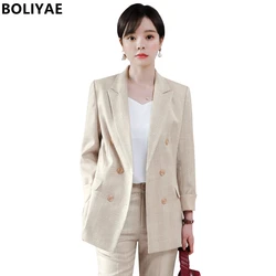 Boliyae trabalho calça ternos entrevista 2 peça conjunto para as mulheres terno de negócios verificar xadrez jaqueta blazer calças senhora do escritório terno formal ol