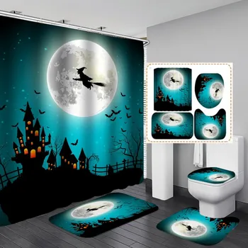 

4 Piece Halloween Shower Curtains Non-slip Bath Mat Base Carpet Cover Toilet Seat Cushion Set Halloween Bathroom Decoration