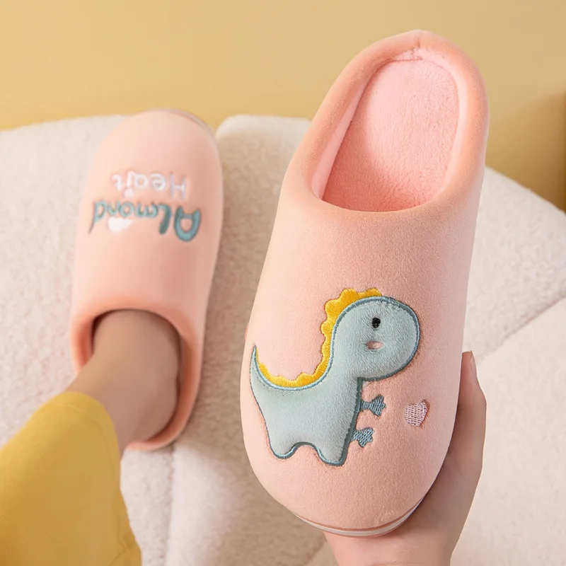 

Slipper Female Winter Cute Dinosaur Cartoon Indoor Anti-slip Household Couples Time of Childbirth Plush Warm Men Cotton Slippers