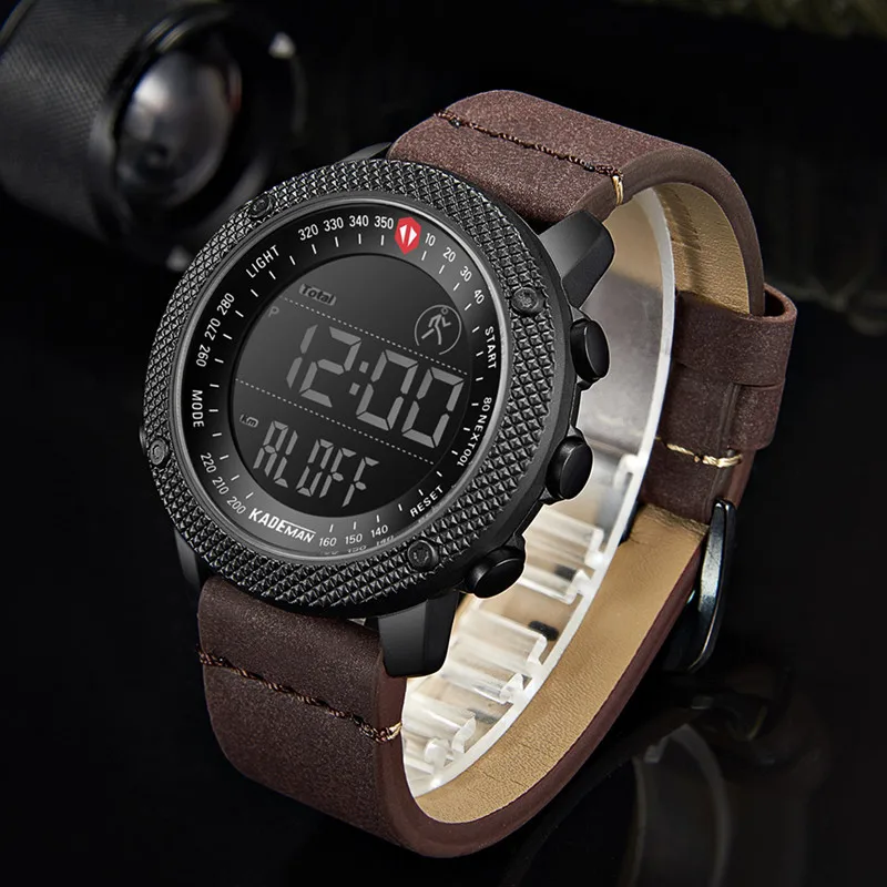 Preise KADEMAN TOP Marke Männer Uhr Kreative Schritt Zähler Digitale Sport Armbanduhren Wasserdicht Militärischen Armee Mode Männlichen Leder Uhr