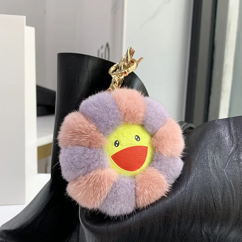 LUOZZY Flower Keychain Plush Flowers Faux Fur Keyring Pom Pom Keychain Cute  Car Purse Bag Pendant Ornaments for Women - Sky Blue