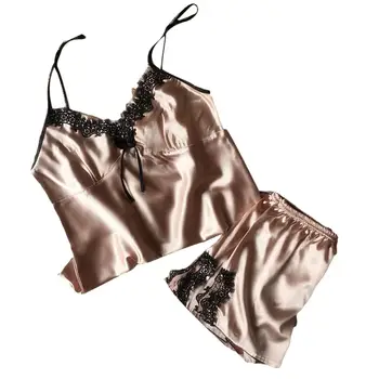 

Women Sexy Spaghetti Straps Bow Camisole Shorts Lace Stitching Sleepwear Set V Neck Sexy Regular Women Sleepwear Set