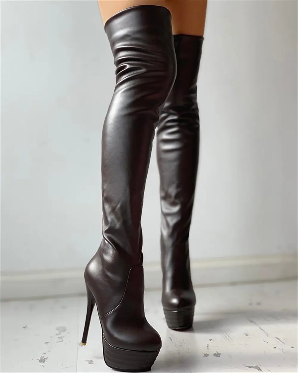 Plus Size 31-46 Ladies Sexy Extreme High Fetish Thin Heels Party Shoes Women Winter Add Fur Platform Thigh High Boots Woman