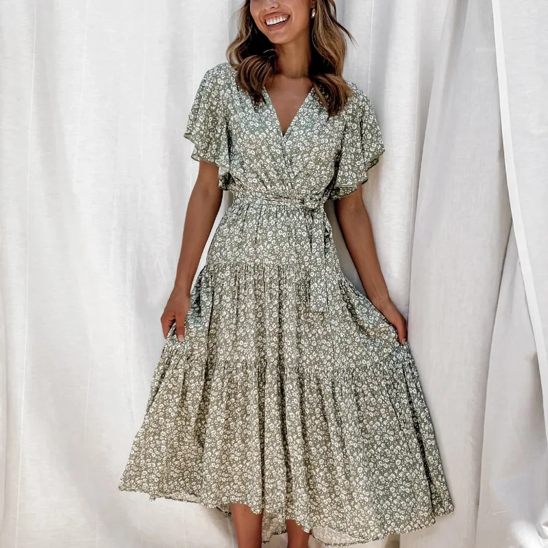 

Ruffle Long Beach Dress Women Summer Floral Printed Boho Maxi Dresses With Belt Female A Line Butterfly Short Sleeve Party Dress