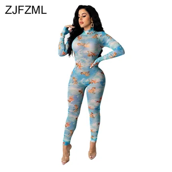 

Angel Print Sexy Transparent Mesh Romper Women Turtleneck Bodycon One Piece Jumpsuit Elegant Ladies Long Sleeve Bandage Playsuit
